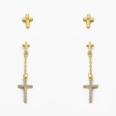 Imagem de Dupla Brinco Cruz Cravejado Com Zircônia Banhado A Ouro 18k