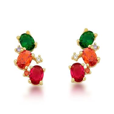 Imagem de Brinco Earcuff Com Zircônias Ovais Em Cores Banhados A Ouro 18k Colorida