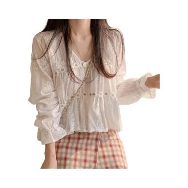 Imagem de Blusa Feminina De Outono Com Manga Longa E Decote Em V, Renda E Margar