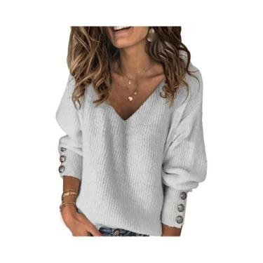 Imagem de Suéter Feminino De Tricô Gola V Outono Inverno Ajuste Fino Manga Longa