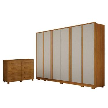 Imagem de Guarda Roupa Casal Ares 6 Portas Cinamomo Off-white Com Cômoda San Marino 8 Gavetas Cin...