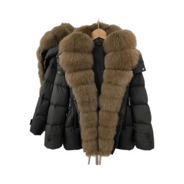 Imagem de Jaqueta Curta Feminina De Inverno Marrom Com Pelo Genuíno Casaco Parka