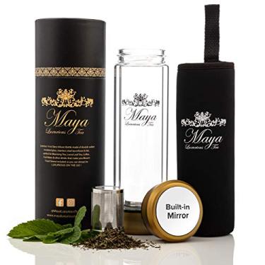 Imagem de Garrafa de infusor de chá da Maya Luxurious – Caneca de chá de viagem de vidro duplo à prova de vazamento com filtro de aço inoxidável – Copo de chá livre de BPA + coador para chá de folha solta – Térmero de café – Água de frutas 355 ml