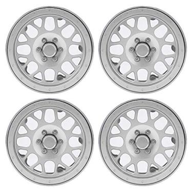 Imagem de wosume 【】 Cubo de roda de carro RC, cubo de roda vermelho e prata, 4 peças de liga de alumínio, acabamento fino durável SCX10 para (prata)