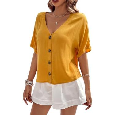 Imagem de Floerns Blusa feminina casual lisa com botões frontais e gola V flare manga curta, Mostarda amarela, GG