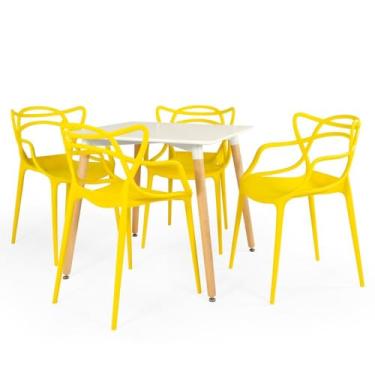 Imagem de Conjunto Mesa de Jantar Quadrada Eiffel Branca 80x80cm com 4 Cadeiras Allegra - Amarelo