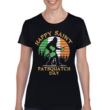Imagem de Camiseta feminina Happy Saint Patsquatch Day Funny St. Patrick's Day Big Foot Sasquatch Shamrock Beer Shenanigans, Preto, M