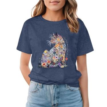Imagem de Camisetas femininas com estampa floral de gato para o dia das mães, casual, manga curta, Azul escuro, XXG