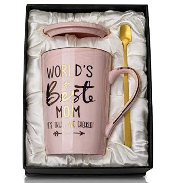 Imagem de ALBISS de Filha Filho Crianças - World's Best Mom - Caneca engraçada para mãe com ouro, para mãe, 400 ml, xícara de café de cerâmica mármore rosa com