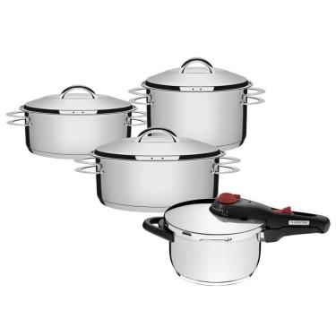 Imagem de Jogo de Caçarola Solar 3 Peças + Panela de Pressão Solar 4,5 L em Aço Inox Fundo Triplo...