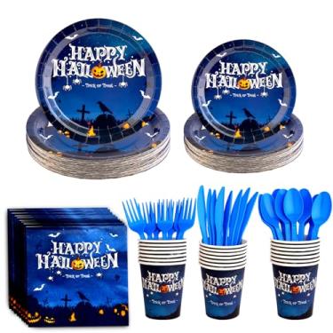 Imagem de 175 Conjunto de utensílios de mesa descartáveis para festa feliz dia das bruxas - copo de prato de papel preto de Halloween, garfo, faca e colher de plástico dourado