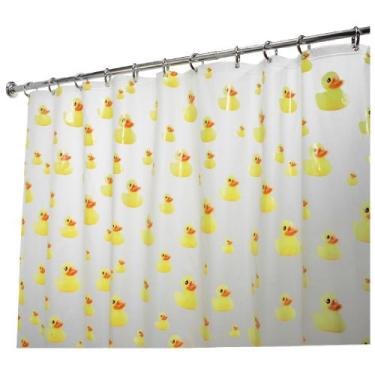 Imagem de iDesign PEVA Cortina de chuveiro de plástico patos, forro impermeável sem PVC para crianças, convidados, dormitório universitário, banheiro principal, acetato de polietileno/vinil_acetato, 182,88 cm x 182,88 cm, amarelo e laranja
