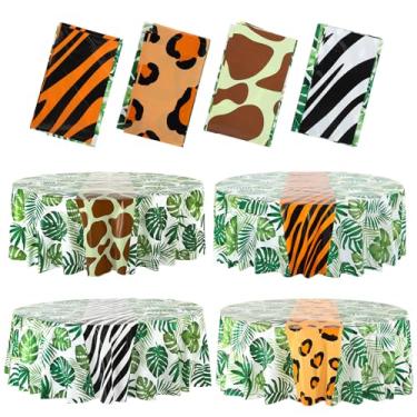 Imagem de Oudain 4 Pack Animal Safari Tablecloth 84 x 84 Inch Round Jungle Theme Table Cover Tropical Leave Tiger Zebra Giraffe Print Plastic Tablecloth for Birthday Baby Shower Zoo Jungle Safari Party Supplies