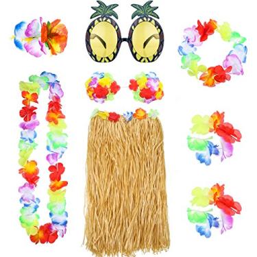 Imagem de Gejoy Conjunto de 8 peças de saia havaiana hula de grama havaiana, colar, pulseira de biquíni, top de biquíni para decoração de festa tropical luau (saia de cor natural), Saia de cor natural, Medium