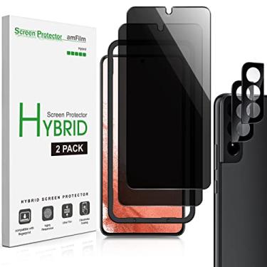 Imagem de amFilm [Pacote com 2 + 2 unidades] 2 películas protetoras de tela de privacidade para Samsung Galaxy S22+/S22 Plus 5G 6,6" com 2 pacotes de protetor de lente de câmera, película híbrida antiespião, compatível com identificação de impressões digitais, fácil instalação