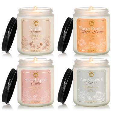 Imagem de M&SENSE Conjunto de velas de outono, pacote com 4 velas perfumadas de outono para decoração doméstica, conjunto de velas de outono, aromas de baunilha/maçã temperada, xarope de bordo de rum/cedro de