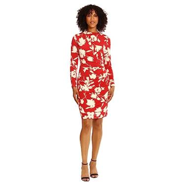 Imagem de Maggy London Vestido midi drapeado com manga comprida e gola lateral, Vermelho/marfim, 48