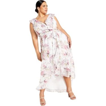 Imagem de City Chic Vestido maxi feminino plus size decote em V falso com babados e busto Hi Lo, floral pastel, Floral pastel, 46