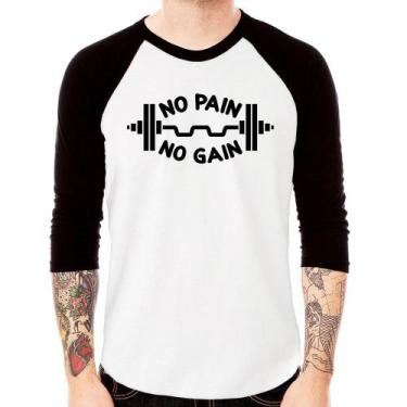 Imagem de Camiseta Raglan No Pain No Gain Manga 3/4 - Foca na Moda, Branco, Pret