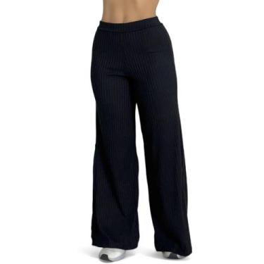 Imagem de Calça Feminina Wide Leg Pantalona Cintura Alta Tecido Canelado com Fen