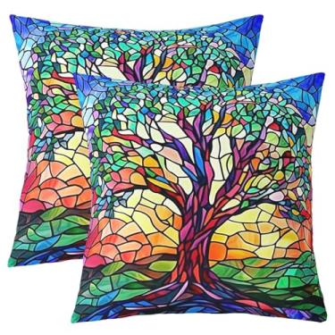 Imagem de jejeloiu Capas de almofada de árvore colorida 56 x 56 cm, conjunto de 2 fronhas macias para meninos e crianças, estampa de galhos de árvores, 5D, vitrais de árvore da vida, capas de almofada, capas de