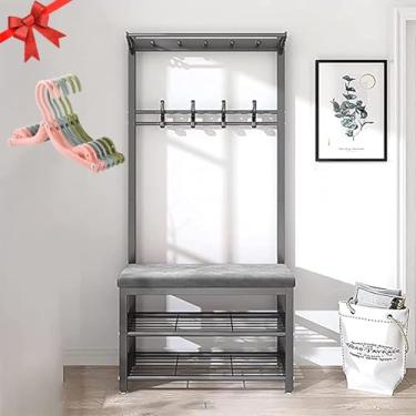 Imagem de Cabideiro, sapateira 4 em 1 para entrada, prateleira de armazenamento de 2 camadas e 7 ganchos removíveis, árvore de casaco industrial moderna rústica com prateleira e escorredor de roupas
