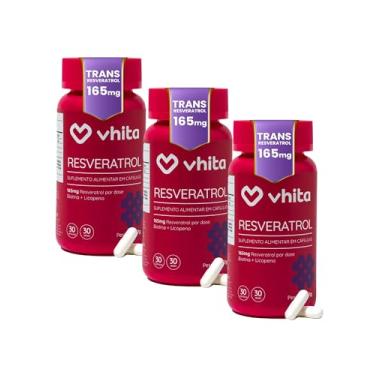 Imagem de Resveratrol 165mg com Biotina, Licopeno e Proantocianidinas - Suporte de Saúde Cardíaca e Antienvelhecimento - 3 potes com 30 Cápsulas cada, Vhita