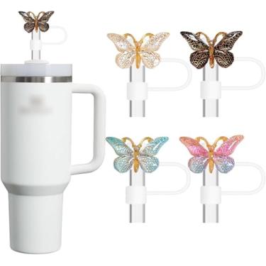 Imagem de Stanley Tampa de palha, 4 peças de cobertura de glitter para copo Stanley, acessórios reutilizáveis à prova de poeira compatíveis com canudo de 10 mm, presentes engraçados para mulheres (borboleta