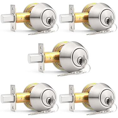Imagem de Probrico Fechadura cilíndrica dupla de níquel acetinado com 2 lados (ambos) chave, fechadura de porta redonda moderna contemporânea para interior e exterior, chaves diferentes, pacote com 5
