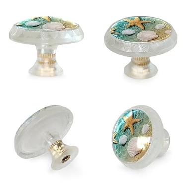 Imagem de KikandKo 4 maçanetas transparentes de armário, concha do mar de praia puxador de vidro redondo para cômoda gaveta armário armário cômoda puxadores puxadores ferragens de armário para cozinha banheiro