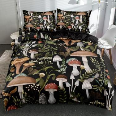 Imagem de Holiyjog Conjunto de capa de edredom com estampa de cogumelo tamanho solteiro – roupa de cama marrom escuro com plantas florais para meninos e meninas, decoração de quarto natural e romântica