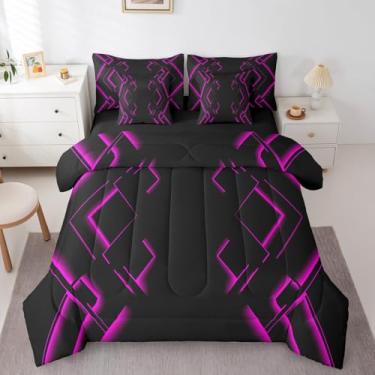 Imagem de jejeloiu Conjunto de edredom solteiro preto e rosa vermelha, 7 peças, abstrato, ombré, para meninos, adultos, adolescentes, luxuoso, simples, moderno, geométrico, listras, arte geométrica, decoração