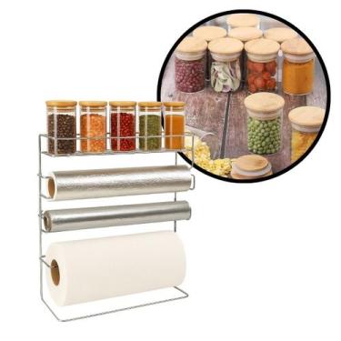 Imagem de Suporte Porta Rolos Papel Toalha e 5 Potes Herméticos Vidro Tampa Bamb