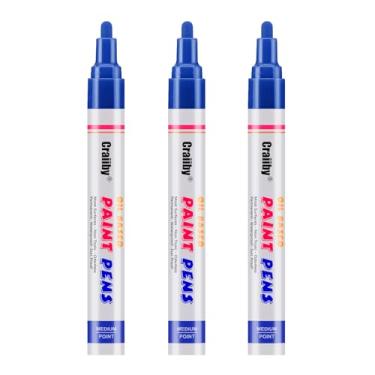 Imagem de Marcadores de tinta azul, pacote com 3 canetas permanentes à base de óleo, à prova d'água, secagem rápida, para pintura de pedras, madeira, tecido, plástico, tela, vidro, canecas, metal, pneu, pedra