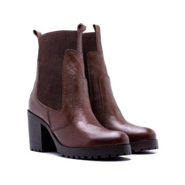 Imagem de Bota Coturno Venetto Couro Feminino Salto Tratorado Estilo, 35, Marrom