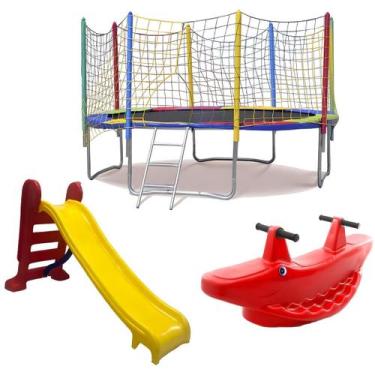 Imagem de kit Cama Elástica 3,05m Escorregador Médio Gangorra 2 Lugares - Rotopl
