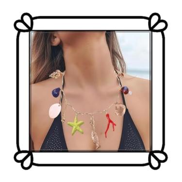 Imagem de DIONFEI Colar com pingente de coral colorido boêmio - corrente de ouro com pingente de estrela do mar, concha e espinha de peixe - joia de praia feminina
