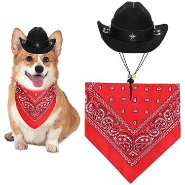 Imagem de GOYOSWA Fantasia de Halloween para cães, fantasia de caubói, chapéu de cowboy de Halloween para cães de Halloween, cachecol de bandana para cães engraçados, fantasias de Halloween para cães pequenos, médios e grandes, animais de estimação (chapéu preto e bandana vermelha, pequeno)