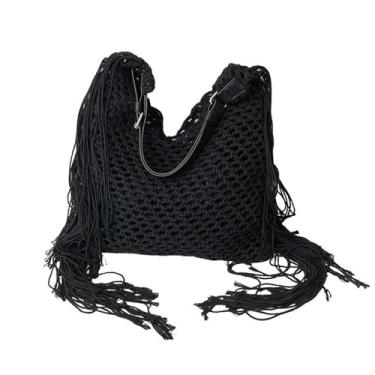 Imagem de GJHFCXSO Bolsa De Praia Feminina de Tecido Boho Bolsa de Ombro Macia com Borla Bolsa Casual Para FéRias Verão,Black
