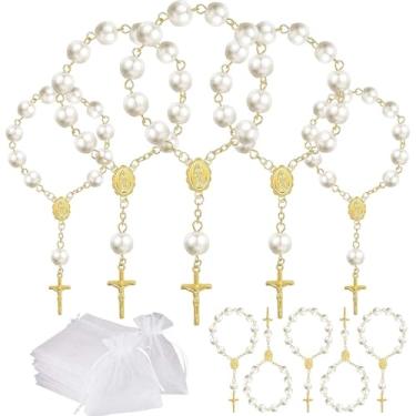 Imagem de Conjunto de 10 mini rosários de lembrancinhas de festa de batismo com bolsas de organza para batizado, casamentos, lembrancinhas de festa de primeira comunhão (pérola dourada)
