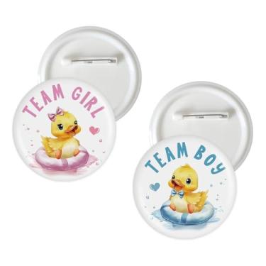 Imagem de 10 pinos de botão de revelação de gênero de pato, alfinetes de crachá de equipe de meninos e meninas de pato amarelo, botão de broche Waddle It Be Stain para chá de bebê/decoração de festa revelação