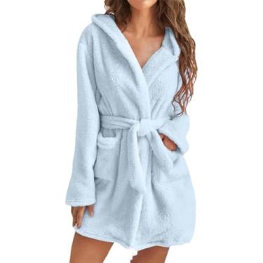 Imagem de Mulheres Inverno Pelúcia Térmica Longo Roupão De Banho Xale Com Capuz Roupão De Banho Quente Quimono Roupão De Flanela Roupão De Banho Pijamas, Blue, S