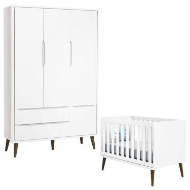 Imagem de Berço Americano E Guarda Roupa 3 Portas Infantil Theo Branco Acetinado Com Pés Amadeirado ? Reller