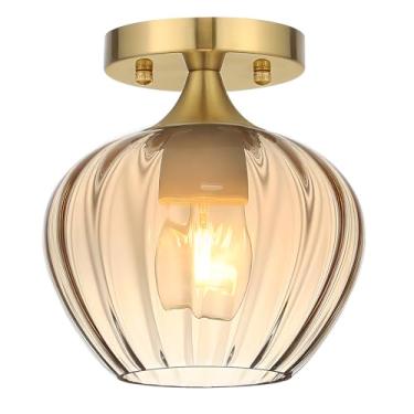 Imagem de QianZhan Luminária de teto de vidro âmbar, luminária de teto pequena de vidro de 17,78 cm, luminária de teto moderna dourada escovada, luminária de teto para corredor, entrada, entrada, cozinha, pia