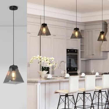 Imagem de baunoisk Luzes pendentes vintage para cozinha e banheiro. Luzes de ilha de fazenda, mini luminária pendente de vidro preto e esfumaçado, lâmpadas de teto suspensas. Perfeito para iluminar sua ilha