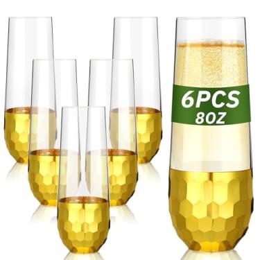 Imagem de Patelai 6 Pcak taças de champanhe modernas sem haste taças de champanhe douradas de 16 cm com fundo banhado a latão martelado, taças de vinho, copos de mimosa, copo de coquetel para aniversário