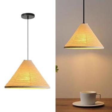 Imagem de Aferenili Luminária pendente de bambu, lâmpada de papel pendurada, luminária, boho, lustre, luminária, chapéu de bambu, rústico, luz pendente de vime, para quarto, cozinha, ilha