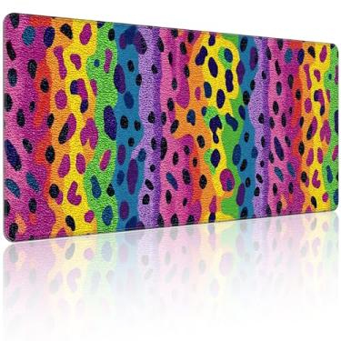 Imagem de 90 x 40 cm, mouse pad grande KOBWOPI XXL para mesa, mouse pad estendido para computador, escritório, mouse pad grande com bordas costuradas, PC para jogos - leopardo arco-íris