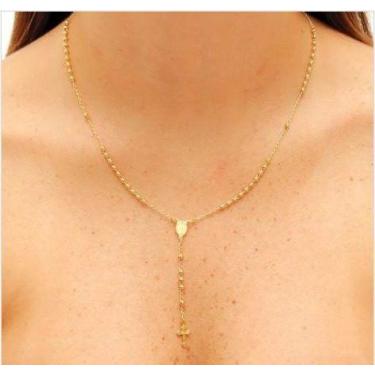 Imagem de Colar Corrente Terço Pescoço 50cm Crucifixo Folheado - Milena Joias