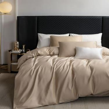Imagem de MooMee Conjunto de capa de edredom 100% algodão extra longo 600 fios cetim sedoso macio macio respirável durável roupa de cama de qualidade hoteleira, 3 peças (taupe, queen 228 x 228 cm)